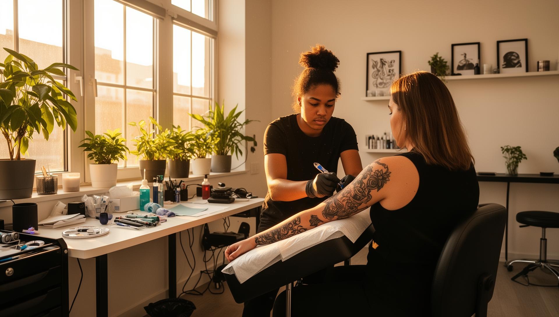 Tattoo artist working in a bright, modern studio
