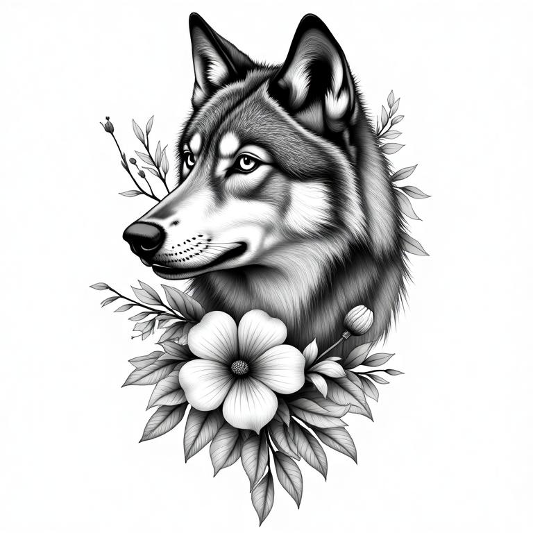 AI-generated tattoo concept art showing a wolf with mountains