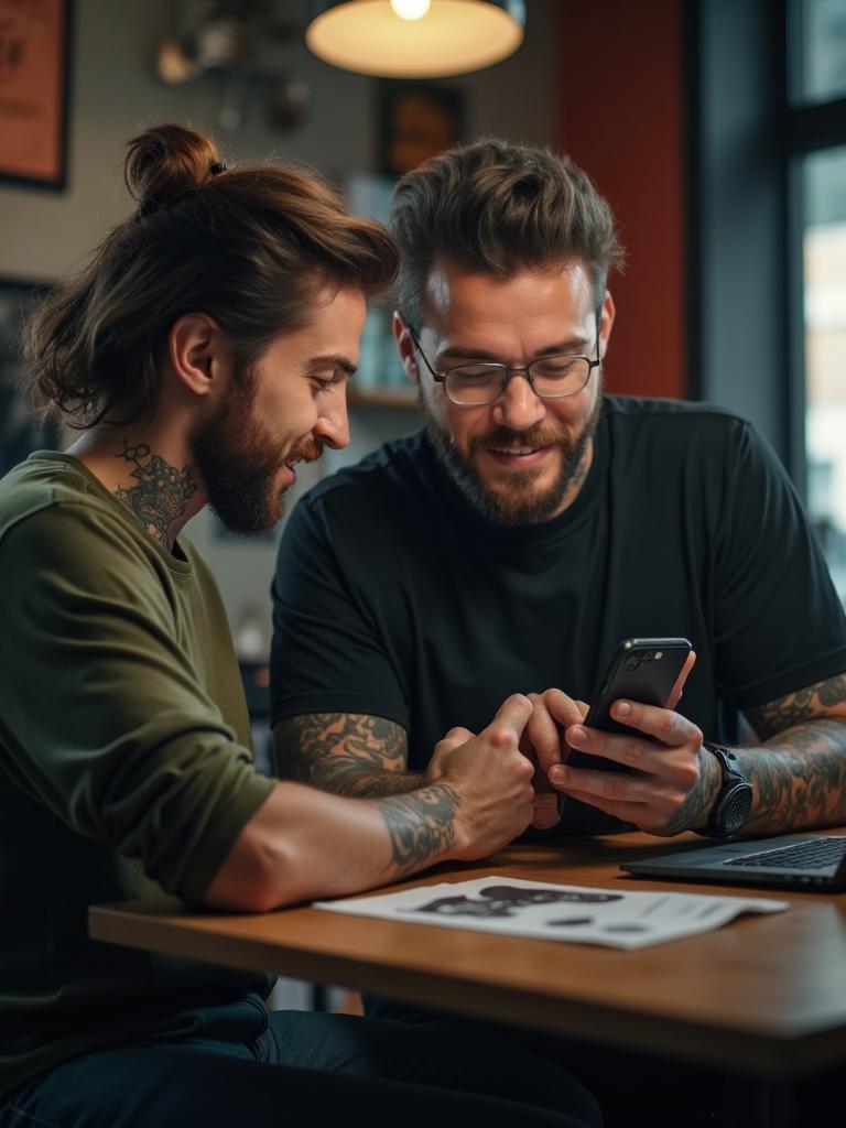 Tattoo artist and client reviewing design concepts together