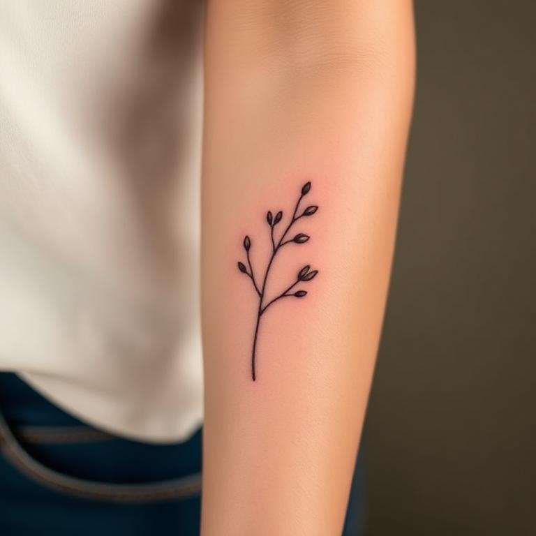 Fine line botanical branch tattoo